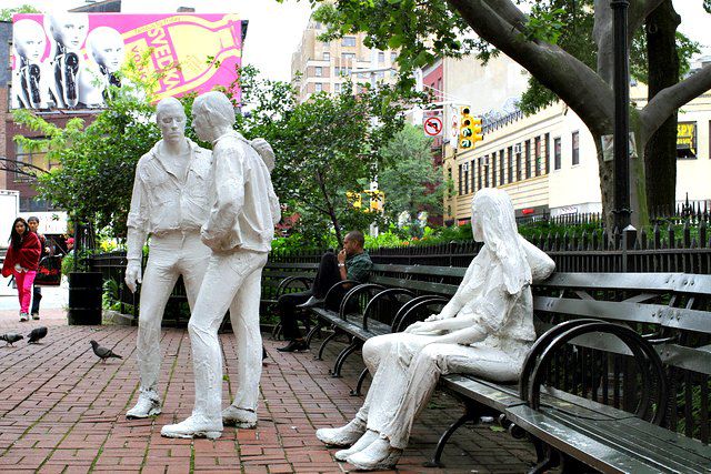 This sculpture by George Segal, in Christopher Park, honors the gay rights movement.